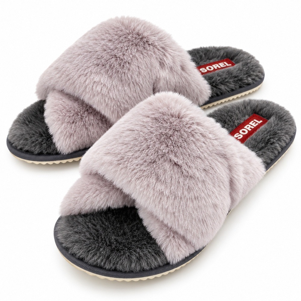 SOREL Go Mail Run Slippers Womens 8 Gray Lilac Faux Fur Plush Slide Shoes